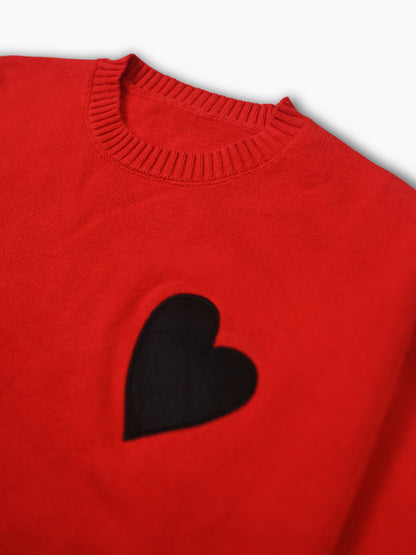 Cozy Men'S Red Heart Knit Sweater - Warm, Comfortable Loose Fit Pullover for Fall/Winter, Casual Crew Neck, Medium Stretch, Viscose Material
