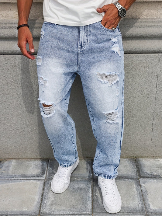 Men's Distressed Blue Denim Harem Pants - Loose Fit, Ripped Jeans with Raw Hem & Slant Pockets, Casual All-Season Wear (Belt/Accessories Not Included)