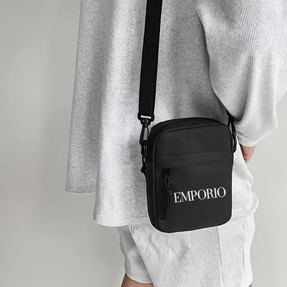 Men'S Crossbody Bag with "EMPORIO" Letter Print - Minimalist Oxford Fabric Tote, Adjustable Strap, Zipper Closure - Essential for Travel, Work, and Casual Outfits - Black, Stylish Design