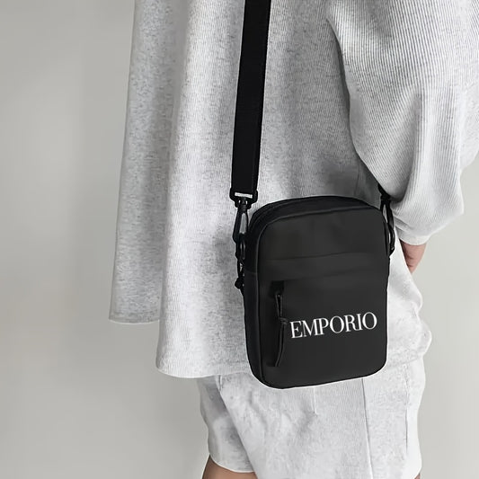 Men'S Crossbody Bag with "EMPORIO" Letter Print - Minimalist Oxford Fabric Tote, Adjustable Strap, Zipper Closure - Essential for Travel, Work, and Casual Outfits - Black, Stylish Design