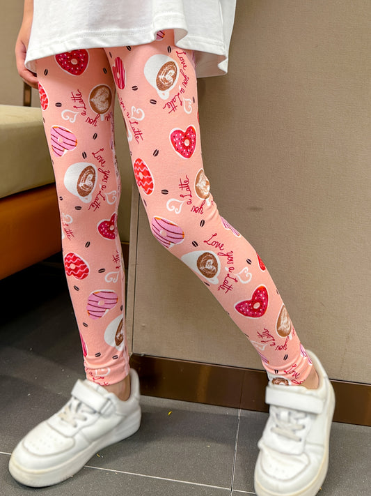 1pc Stretchy & Slim Girls' Pink Heart Donut Pattern Leggings - Soft Polyester/Elastane Blend, Non-See-Through, Perfect for Spring/Summer/Fall Outdoor Activities & Sister Bonding Time