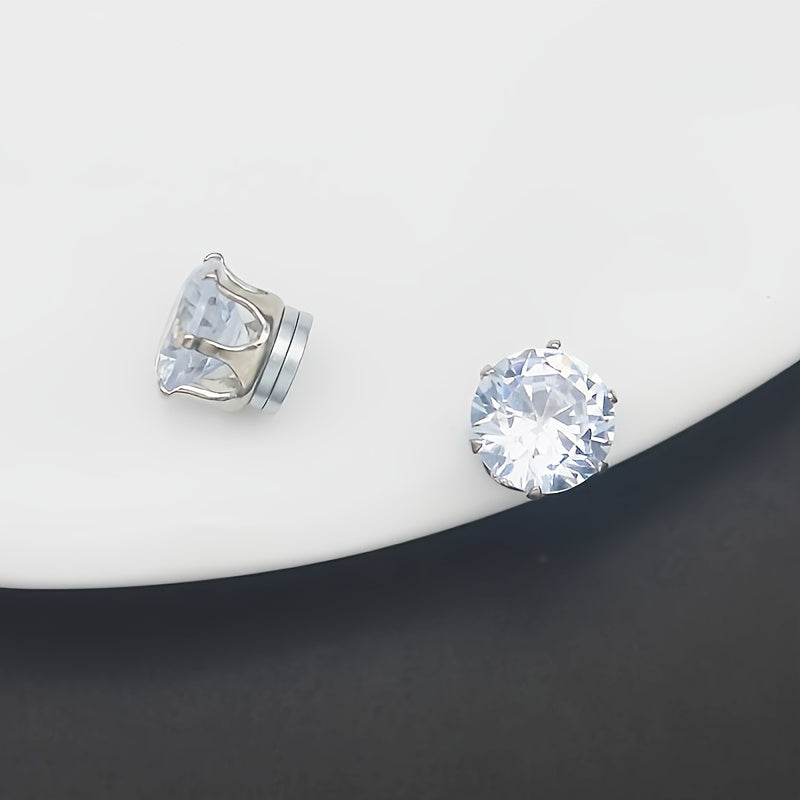 2pcs/1 Pair Easy-to-Wear Magnetic Stud Earrings 6mm, 7mm, 8mm Round Synthetic Synthetic Zirconia Hoop Earrings No-Piercing Clip-Ons Unisex Fashion Jewelry Wedding Accessories