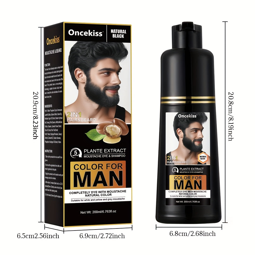 200ml Beard Hair Dye Shampoo for Men, Semi-permanent Hair Dye Shampoo 2in 1 Care Hair Dye to Cover Gray Beard And Hair, Available in Black and Brown