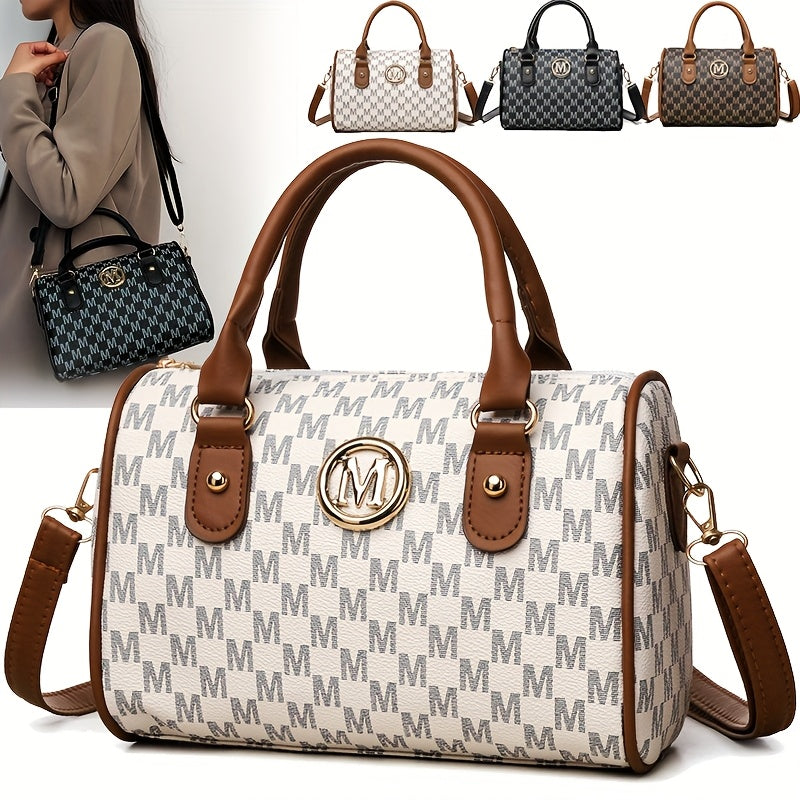 Perfect Lily Women'S Mini Shoulder Bag with Golden "M" Monogram - Elegant Houndstooth Design, Detachable Strap, Lightweight Synthetic Faux Leather Purse for Work, Travel, Parties & Gifts (White/Black/Brown), Small Crossbody B