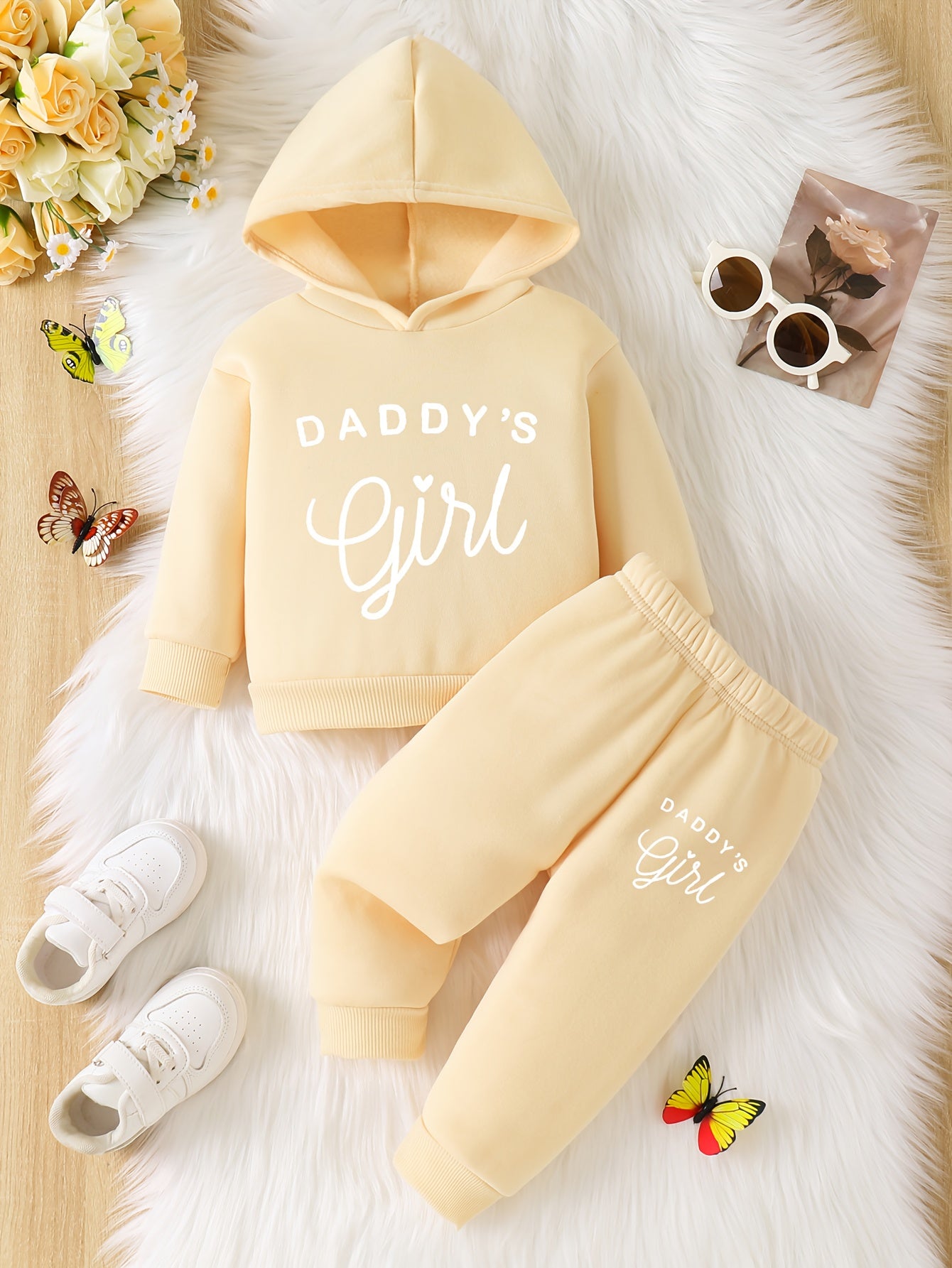 Baby Girl DADDY'S GIRL Letter Print Hoodie & Joggers Set - Soft Yellow Casual Spring/Fall Outfit with White Sneakers, Perfect for Outdoor Play & Family Gatherings, Baby Girl Clothes, Playful Babywear, Comfortable Babywear, fo