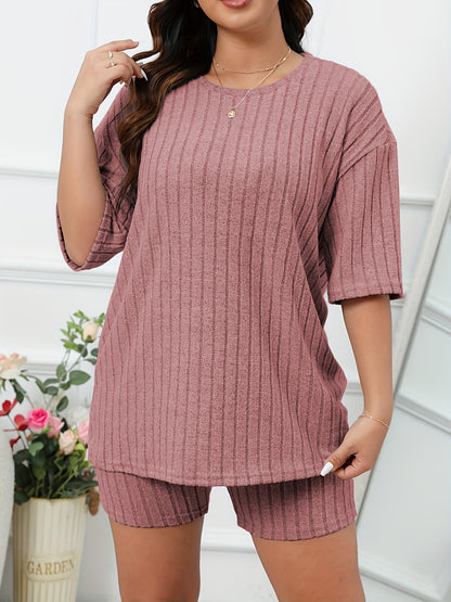 Women's Casual Lounge Set, Plus Size Solid Ribbed Short Sleeve Round Neck Top & Shorts Pajamas 2 Piece Set