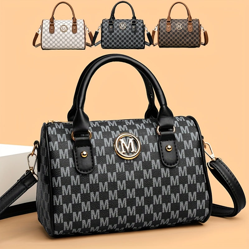 Perfect Lily Women'S Mini Shoulder Bag with Golden "M" Monogram - Elegant Houndstooth Design, Detachable Strap, Lightweight Synthetic Faux Leather Purse for Work, Travel, Parties & Gifts (White/Black/Brown), Small Crossbody B