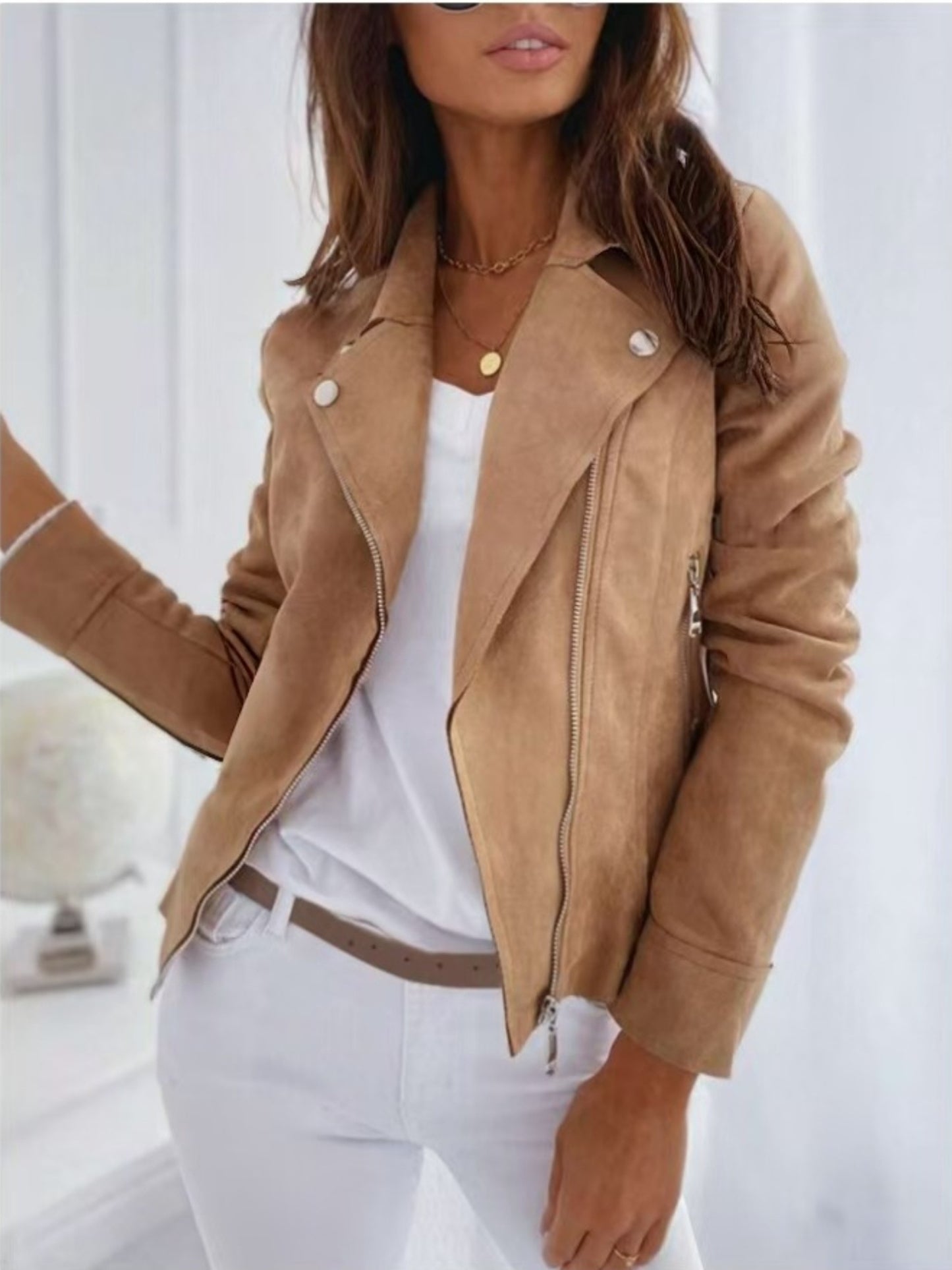 Women'S Casual Slim-Fit Faux Leather Jacket with Stand Collar, Zipper Front & Button Details - Beige, Long Sleeves, Regular Fit for Fall/Winter, Autumn Winter Jacket | Stand Collar Jacket | Zipper Closure Jacket