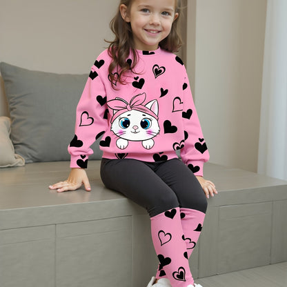 Girls' Spring/Autumn Heart Print Round Neck T-Shirt + Casual Patchwork Pants Cute Cat Pattern Two-Piece Set