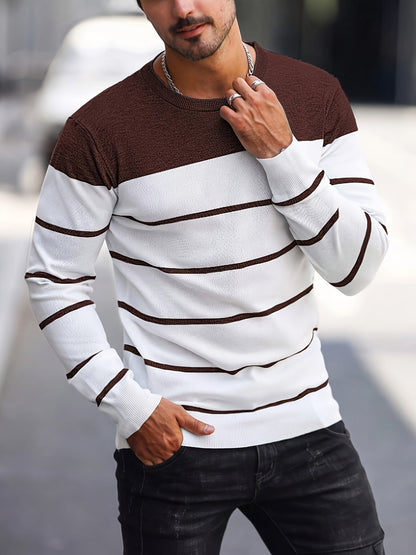 Men's Casual Striped Knit Pullover Sweater - Navy & White Contrast, Regular Fit H-Silhouette, Long Sleeve Crew Neck, Medium Stretch, Machine Washable for Spring & Fall, Mediumstretch Fabric