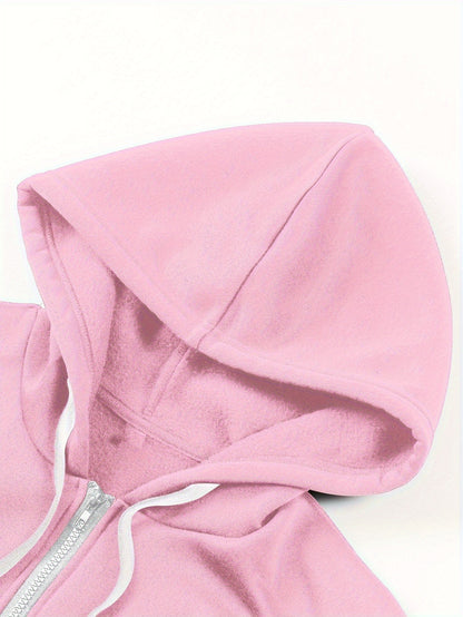 1pc Women'S Pink Hoodie with "ICON" Letter Print - Cozy Long-Sleeve Zip-Up Sweatshirt, Machine Washable, Casual Fall/Winter Pullover with Pockets, Casual Winter Wear | Trendy Casual Hoodie | Machine Washable Fabric