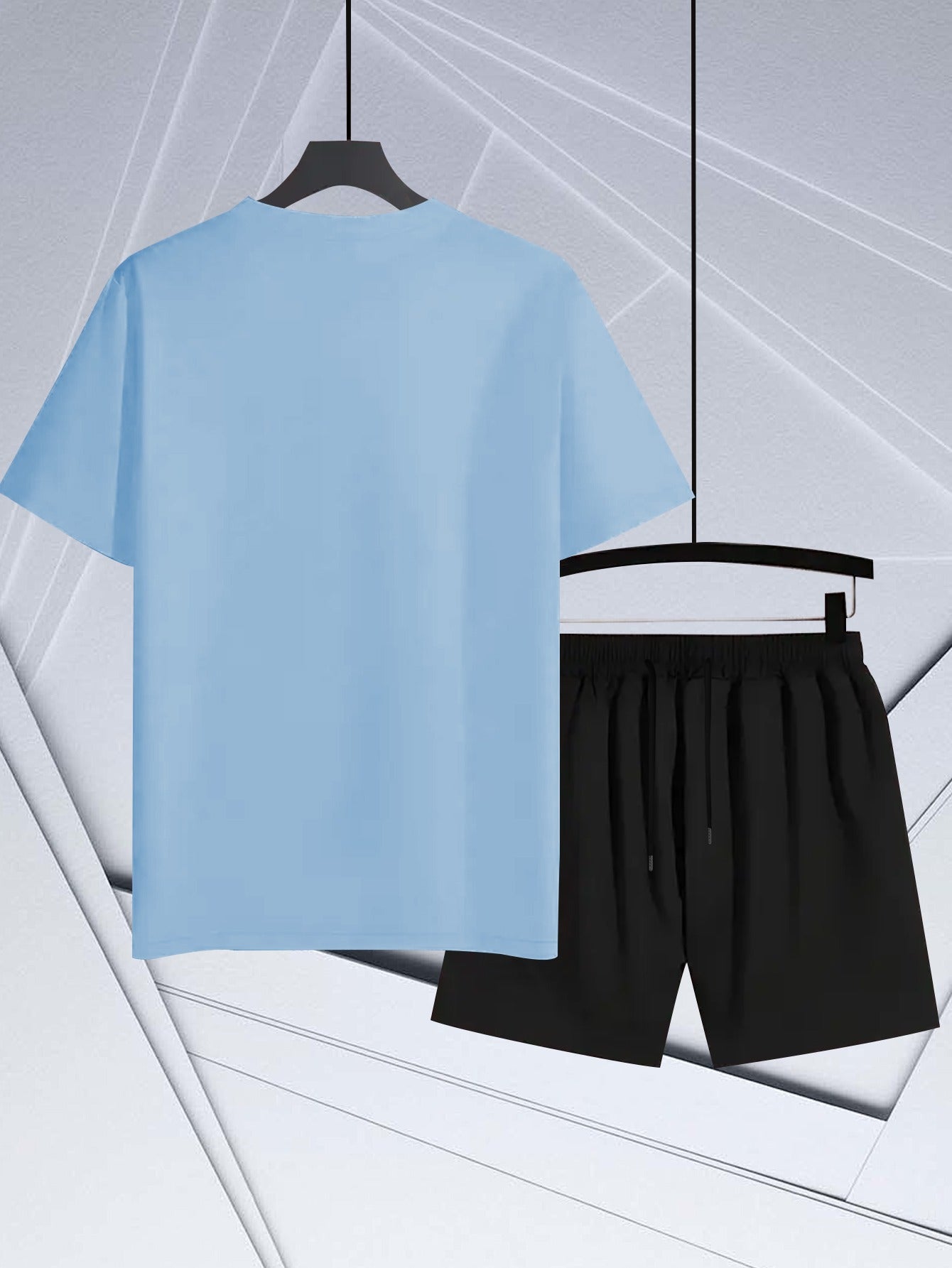 Men'S Casual Sporty Outdoor Two-Piece Set - Summer T-Shirt & Shorts with Bold "ICON" Print, Geometric Pattern, Regular Fit, Crew Neck, Light Blue & Black, Comfortable for Casual Attire, Leisure Clothing | Bold Print Shirt | C