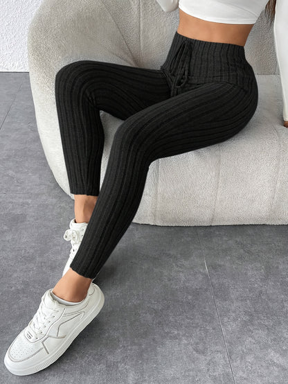 Women's Tie Waist Ribbed Bodycon Leggings - Medium-Stretch All-Season Casual Pants, Solid Color Non-See-Through Machine Washable for Casual Attire & Layering, High Waisted Leggings, Versatile Bottoms, Sleek Fit, Comfortable F