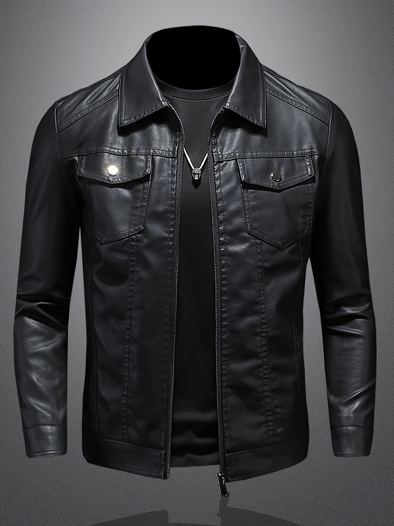 Men'S Slim-Fit Faux Leather Jacket - Black Casual Zip-Up Bomber with Lapel Collar, Long Sleeves, and Pockets for Autumn & Winter, Autumn Winter Jacket | Sleek Black Jacket | Polyester Lined Jacket