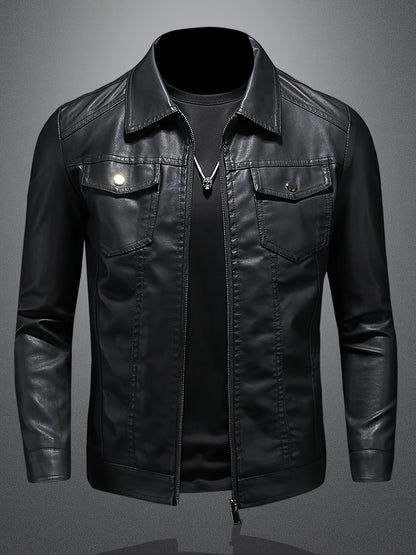 Men'S Slim-Fit Faux Leather Jacket - Black Casual Zip-Up Bomber with Lapel Collar, Long Sleeves, and Pockets for Autumn & Winter, Autumn Winter Jacket | Sleek Black Jacket | Polyester Lined Jacket