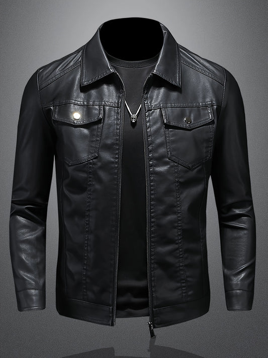 Men'S Slim-Fit Faux Leather Jacket - Black Casual Zip-Up Bomber with Lapel Collar, Long Sleeves, and Pockets for Autumn & Winter, Autumn Winter Jacket | Sleek Black Jacket | Polyester Lined Jacket