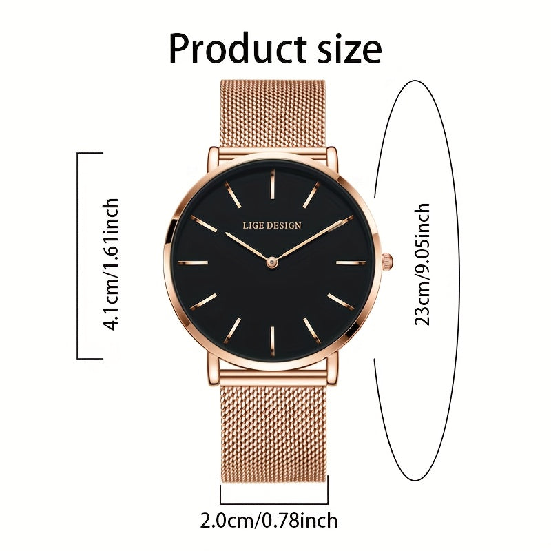LIGE Women'S Ultra-Thin Quartz Watch with Rose Golden Mesh Strap - Elegant Blue Dial, Minimalist Design, Perfect Gift for Mother'S Day, Christmas, Thanksgiving, Christmas Accessory | Minimalist Watch | Quartz Movement