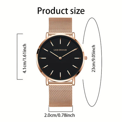 LIGE Women'S Ultra-Thin Quartz Watch with Rose Golden Mesh Strap - Elegant Blue Dial, Minimalist Design, Perfect Gift for Mother'S Day, Christmas, Thanksgiving, Christmas Accessory | Minimalist Watch | Quartz Movement