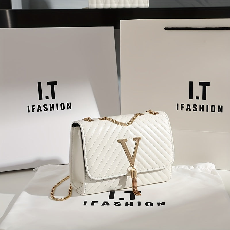 Women's Synthetic Leather Interlocking Link Crossbody Handbag & Wallet-like Detachable Strap - Golden-Tone Hardware, Closure, Golden-Tone Chain Strap, Golden-Tone Logo Accent - Elegant Synthetic Leather Purse with Closure, Wi