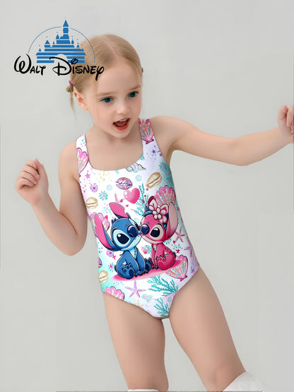 Authorized Disney Stitch Girls One-Piece Swimsuit Cute Fashion Cartoon Print Asymmetrical Hollow Design Elastic Breathable Fabric Suitable for Beach, Pool, Water Sports Hawaiian Holiday Gift Summer Swimsuit Elastic Fabric