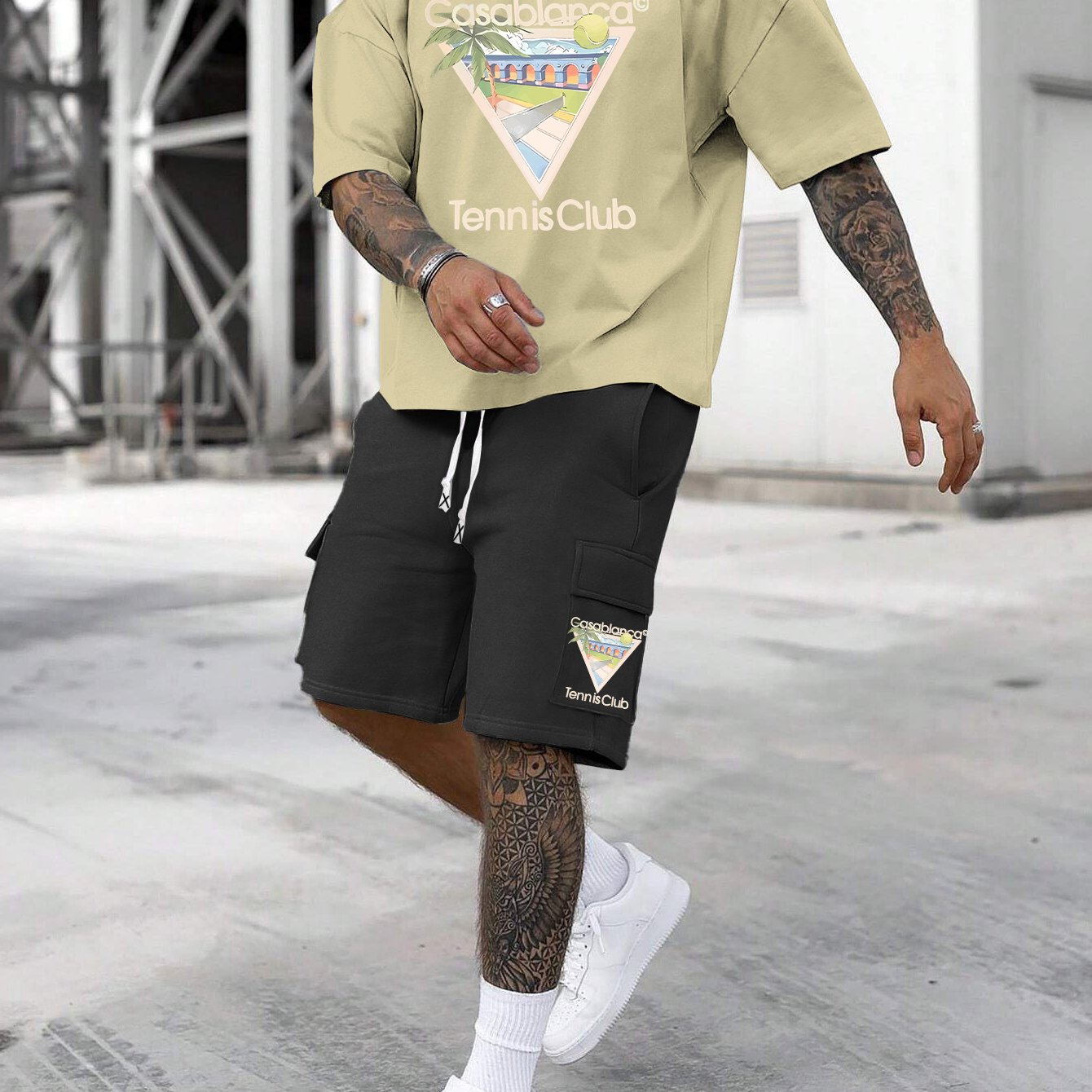 New Loose Fit Breathable Men's Crew Neck Short Sleeve T-Shirt and Workwear Style Multi-Pocket Shorts Set, Summer Casual Sportswear Two-Piece Outfit, Stylish Versatile Top and Pants for Both Men and Women