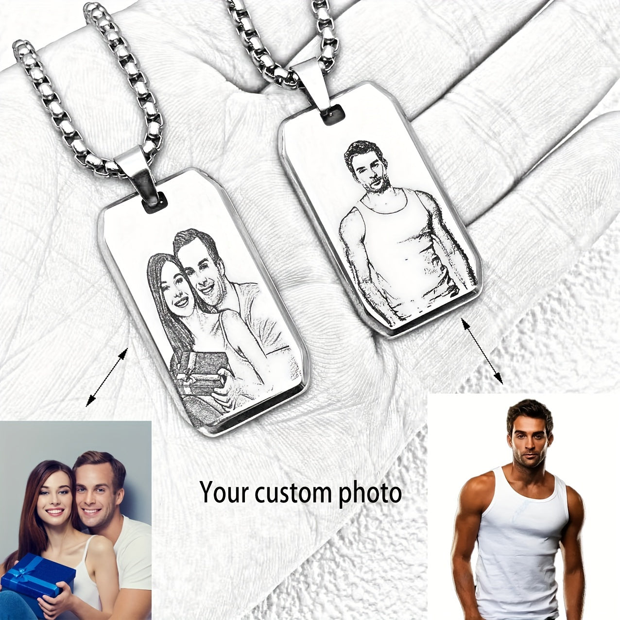 Customized Item: A Men's Square Pendant Necklace That Can Be Engraved With A Picture, Personalized Custom Engraving Of Characters/logos/patterns On The Necklace, A Cute And Simple Accessory For Daily Wear, Suitable For Both M