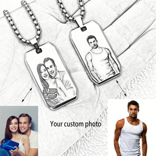 Customized Item: A Men's Square Pendant Necklace That Can Be Engraved With A Picture, Personalized Custom Engraving Of Characters/logos/patterns On The Necklace, A Cute And Simple Accessory For Daily Wear, Suitable For Both M