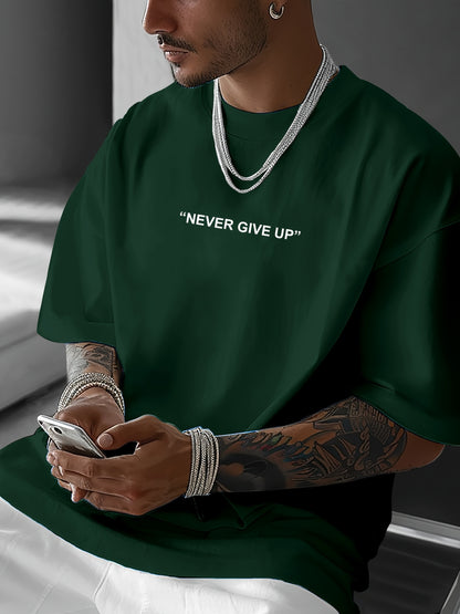 Men's "Never Give Up" Graphic Print Casual T-Shirt - Comfortable Crew Neck, Short Sleeve, Loose Fit for Spring & Summer, White Polyester Tee for Casual Attire, Casual Summer Wear | Loose Fit Top | Smooth Texture