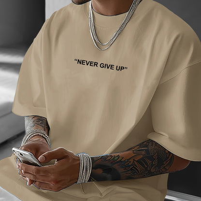Men's "Never Give Up" Graphic Print Casual T-Shirt - Comfortable Crew Neck, Short Sleeve, Loose Fit for Spring & Summer, White Polyester Tee for Casual Attire, Casual Summer Wear | Loose Fit Top | Smooth Texture