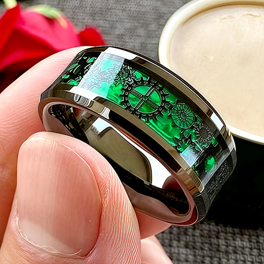 8mm Black Green Carbon Fiber Steam Punk Gear Inlaid Stainless Steel Ring for Men and Women'S Wedding Rings, Beveled Polishing, Comfortable Fit