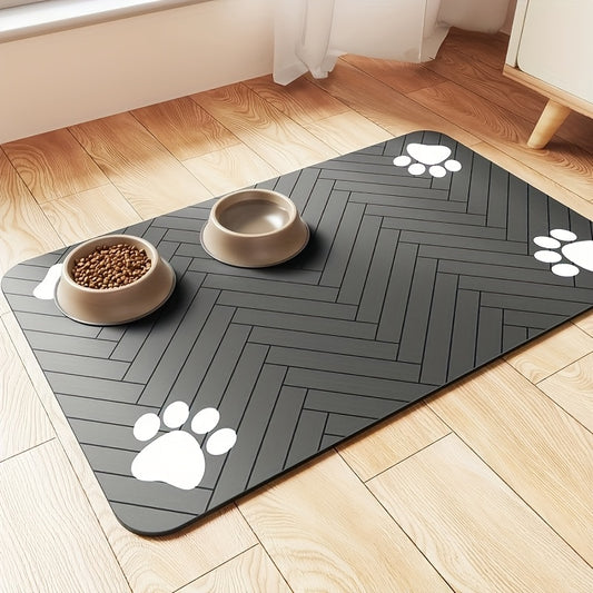 1pc Quick-Dry Diatom Mud Pet Feeding Mat - Splash-Proof, Absorbent, Easy to Clean, Suitable for Dogs and Cats, Herringbone Pattern with Paw Print Design, Washable Pet Feeding Mat