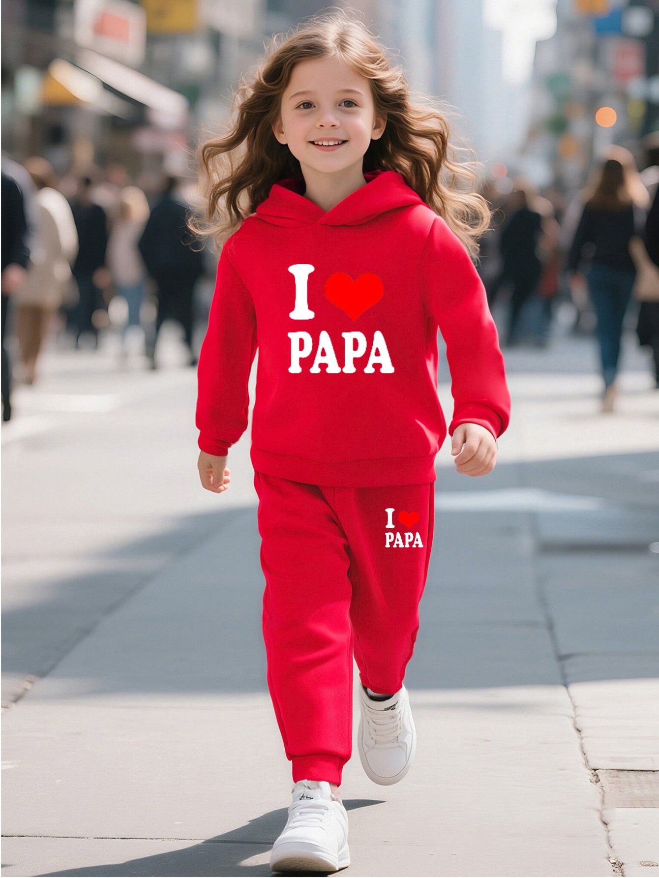 2pcs Back-to-School Season Fashionable Autumn/Winter Casual Sporty Style Girls' "I Love Dad" Cartoon Print Long Sleeve Fleece-Lined Hoodie + Sweatpants Set, Perfect for Outdoor