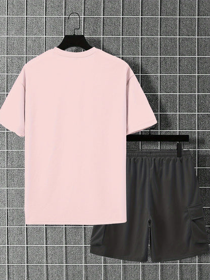 New Loose Fit Breathable Men's Crew Neck Short Sleeve T-Shirt and Workwear Style Multi-Pocket Shorts Set, Summer Casual Sportswear Two-Piece Outfit, Stylish Versatile Top and Pants for Both Men and Women