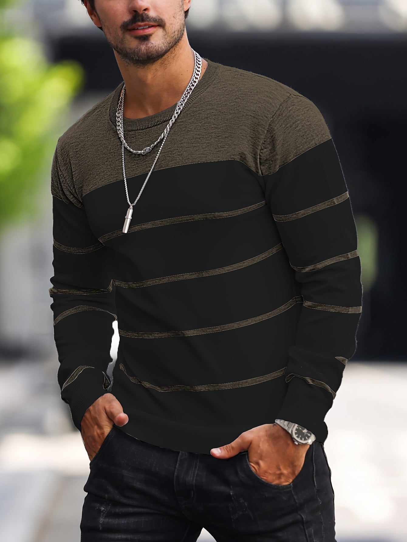 Men's Casual Striped Knit Pullover Sweater - Navy & White Contrast, Regular Fit H-Silhouette, Long Sleeve Crew Neck, Medium Stretch, Machine Washable for Spring & Fall, Mediumstretch Fabric
