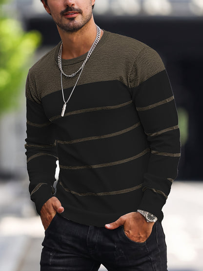Men's Casual Striped Knit Pullover Sweater - Navy & White Contrast, Regular Fit H-Silhouette, Long Sleeve Crew Neck, Medium Stretch, Machine Washable for Spring & Fall, Mediumstretch Fabric