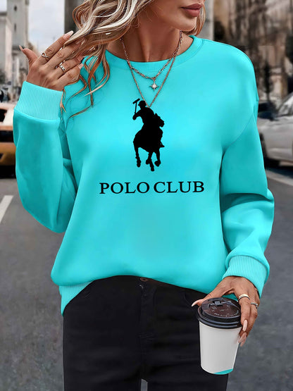 Women'S Light Blue "POLO CLUB" Graphic Sweatshirt - Cozy Fleece-Lined Crew Neck, Long Sleeve Pullover for Fall & Winter, Perfect for Home, Parties, and Travel, Casual Wear|Graphic Crewneck|Fleece Lined Sweatshirt