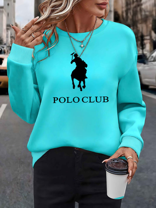 Women'S Light Blue "POLO CLUB" Graphic Sweatshirt - Cozy Fleece-Lined Crew Neck, Long Sleeve Pullover for Fall & Winter, Perfect for Home, Parties, and Travel, Casual Wear|Graphic Crewneck|Fleece Lined Sweatshirt