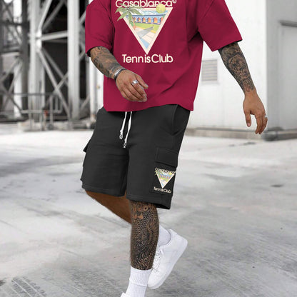 New Loose Fit Breathable Men's Crew Neck Short Sleeve T-Shirt and Workwear Style Multi-Pocket Shorts Set, Summer Casual Sportswear Two-Piece Outfit, Stylish Versatile Top and Pants for Both Men and Women