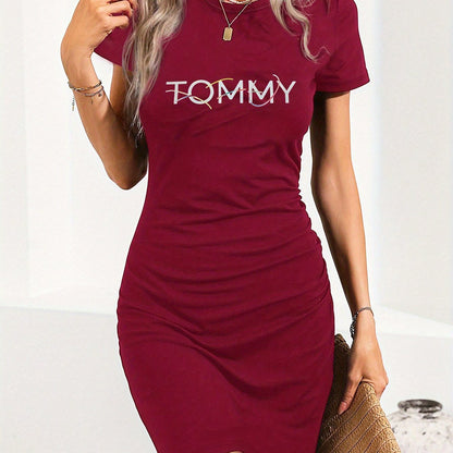 Women'S Bodycon Mini Dress with "TOMMY" Print - Stretchy, Breathable Fabric, Round Neck, Short Sleeve, Perfect for Parties & Casual Attire, Black, Party Attire | Round Neckline | Stretchy Fabric