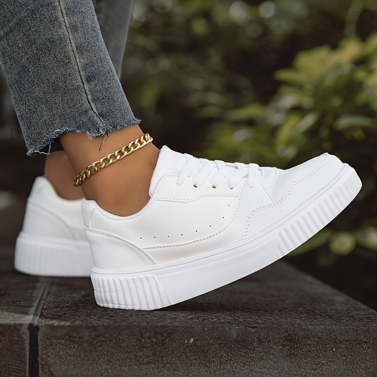 Women's White Low-Top Casual Sneakers - Lightweight Comfortable Lace-Up Shoes with Synthetic Cover Upper, EVA Cushioned Sole & Breathable Fabric Lining for All-Season Versatile Wear, Shoe Laces for Sneakers, Minimalist Design