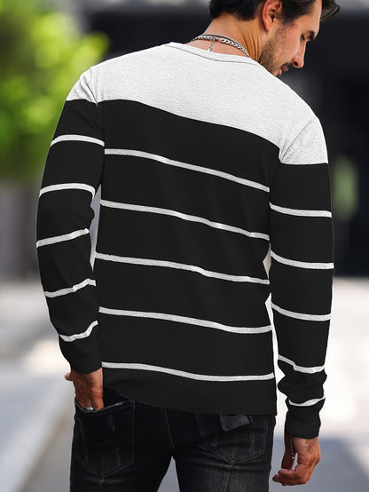 Men's Casual Striped Knit Pullover Sweater - Navy & White Contrast, Regular Fit H-Silhouette, Long Sleeve Crew Neck, Medium Stretch, Machine Washable for Spring & Fall, Mediumstretch Fabric