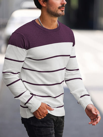 Men's Casual Striped Knit Pullover Sweater - Navy & White Contrast, Regular Fit H-Silhouette, Long Sleeve Crew Neck, Medium Stretch, Machine Washable for Spring & Fall, Mediumstretch Fabric