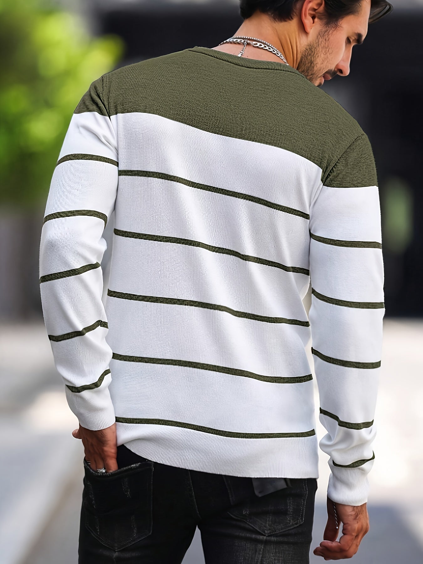 Men's Casual Striped Knit Pullover Sweater - Navy & White Contrast, Regular Fit H-Silhouette, Long Sleeve Crew Neck, Medium Stretch, Machine Washable for Spring & Fall, Mediumstretch Fabric