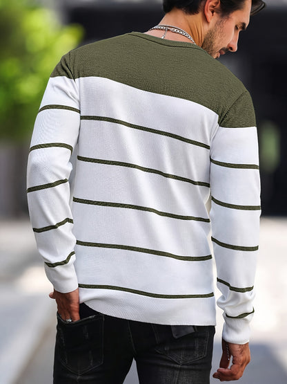 Men's Casual Striped Knit Pullover Sweater - Navy & White Contrast, Regular Fit H-Silhouette, Long Sleeve Crew Neck, Medium Stretch, Machine Washable for Spring & Fall, Mediumstretch Fabric