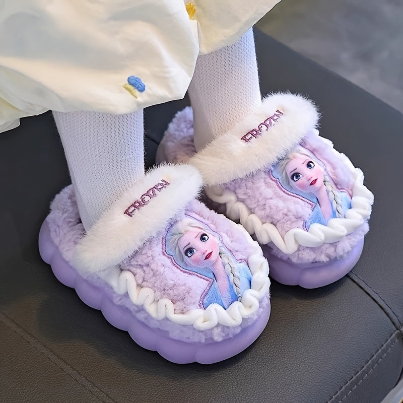Pair of Frozen Elsa Princess Plush Slippers with Disney Elsa Design, Warm Fleece-Lined Indoor/Outdoor Shoes for Girls - New Autumn/Winter Cute Cartoon Princess Style Printed Fluffy Slippers in Sky Blue and Lilac Colors, Perfe