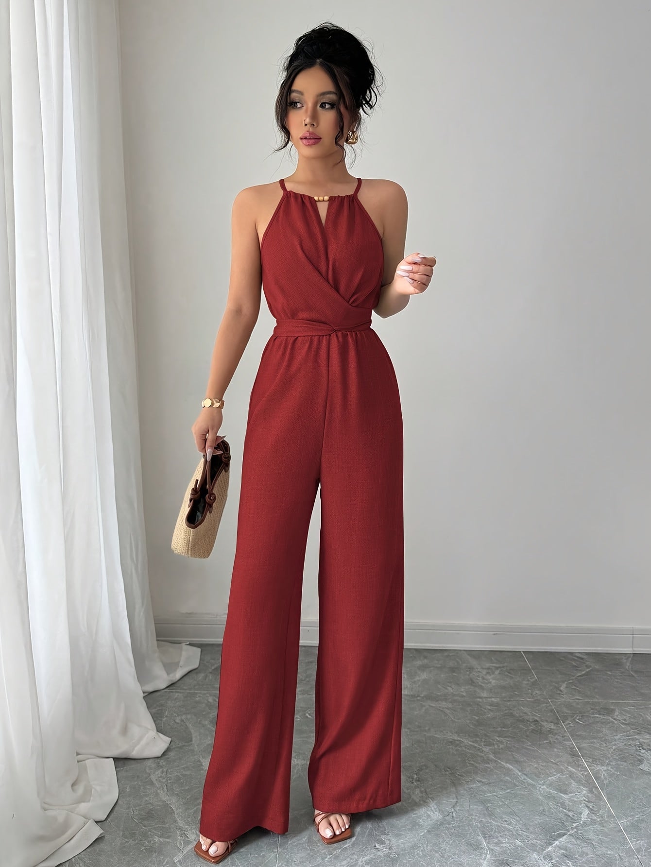 Women'S Elegant Off-Shoulder Twist Front Jumpsuit - Beige Wide-Leg Jumpsuit with Adjustable Waist Tie, Perfect for Spring & Summer Casual or Dressy Outfits, Casual Chic Wear | Offshoulder Fashion | Polyester Fabric