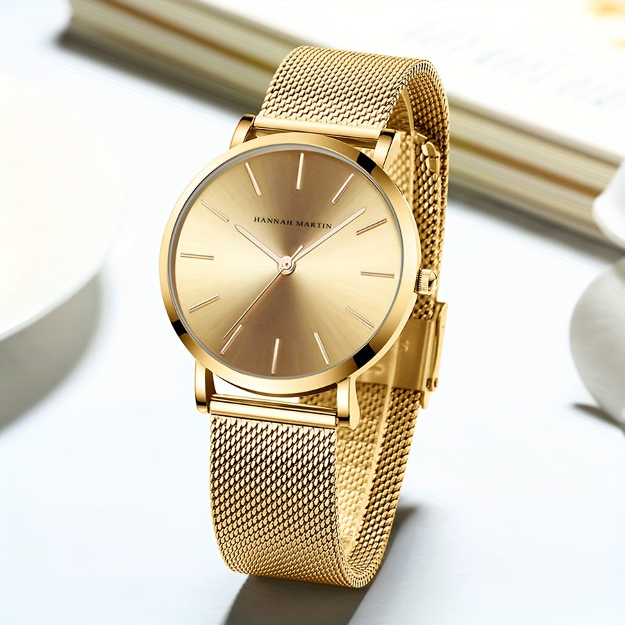 New Arrival 1pc Fashionable 's Rose Golden Watch, Golden & Silvery Stainless Steel Mesh Strap, Gorgeous Quartz Watch, Suitable for Daily Vacation Banquet Wear, Comes with Black Exquisite Box and Also Suitable as Gift - Girlfr