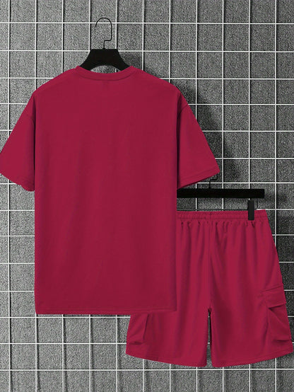 New Loose Fit Breathable Men's Crew Neck Short Sleeve T-Shirt and Workwear Style Multi-Pocket Shorts Set, Summer Casual Sportswear Two-Piece Outfit, Stylish Versatile Top and Pants for Both Men and Women