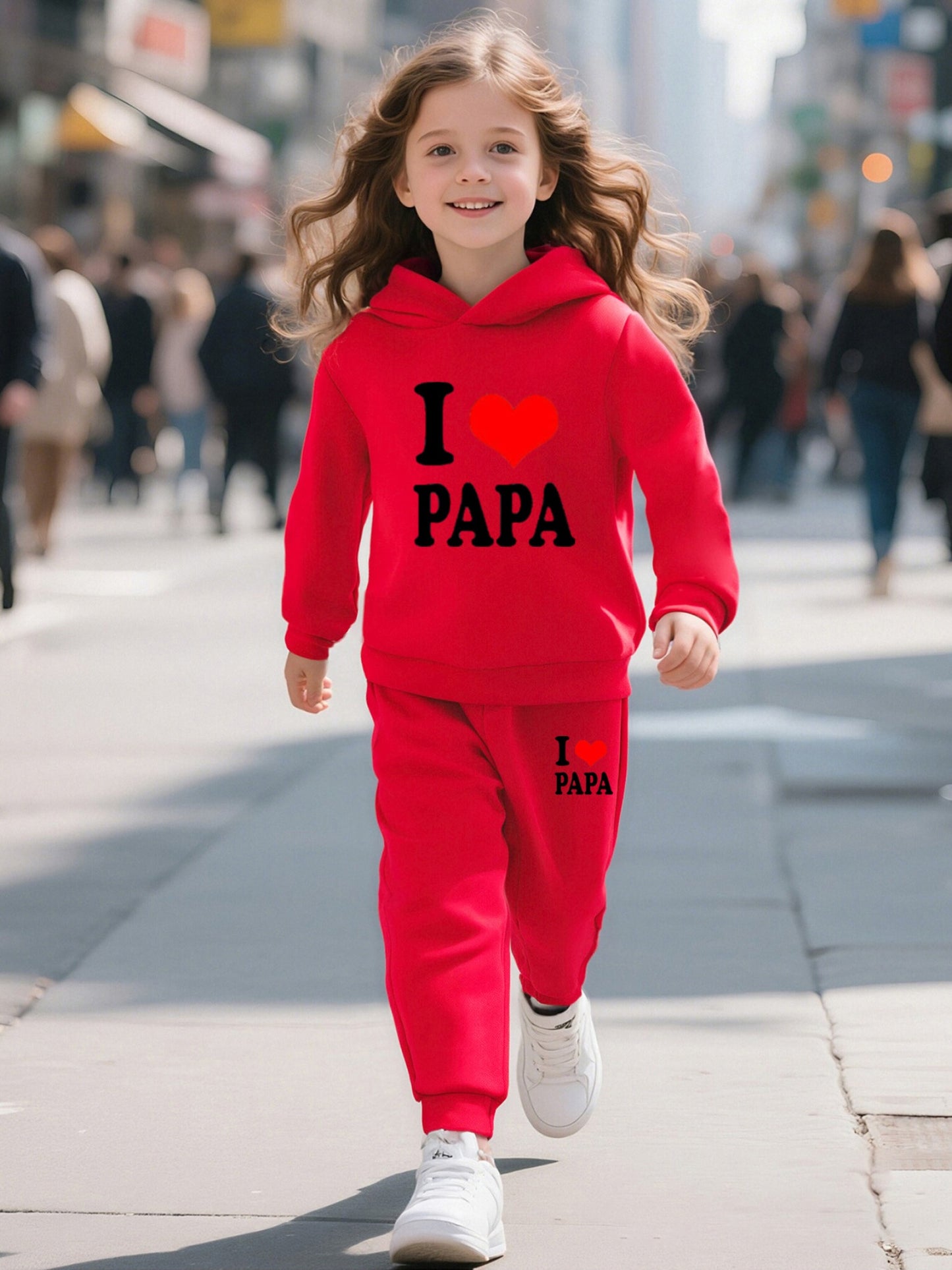 Fashionable Autumn And Winter Casual Sports Style for And "I Love Dad" Cartoon Popular Print Pattern Long-Sleeved Plus Velvet Warm Hooded Sweatshirt + Sweatpants Two-Piece Set, for Outdoor