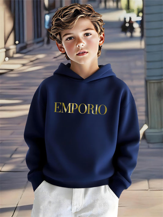 Boys' Cozy Soft Hoodie with "EMPORIO" Print - Navy Blue Casual Long Sleeve Pullover for Fall/Winter, Comfortable Outdoor Sportswear, Hoodie for Winter, Autumn Clothing, Stylish Pullover, Soft Fabric Hoodie